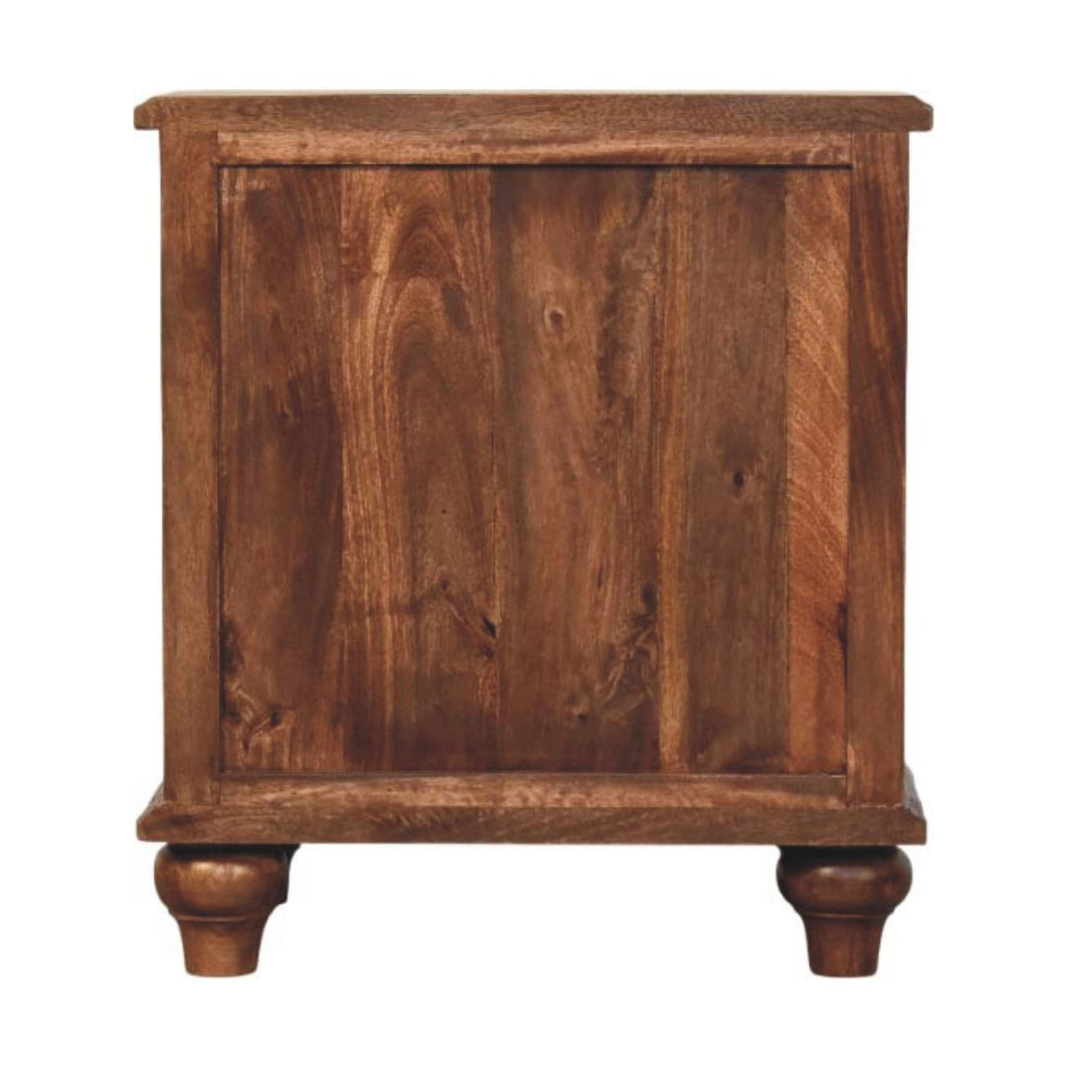 Back view of the brown three-drawer bedside table with a framed panelled back and turned feet