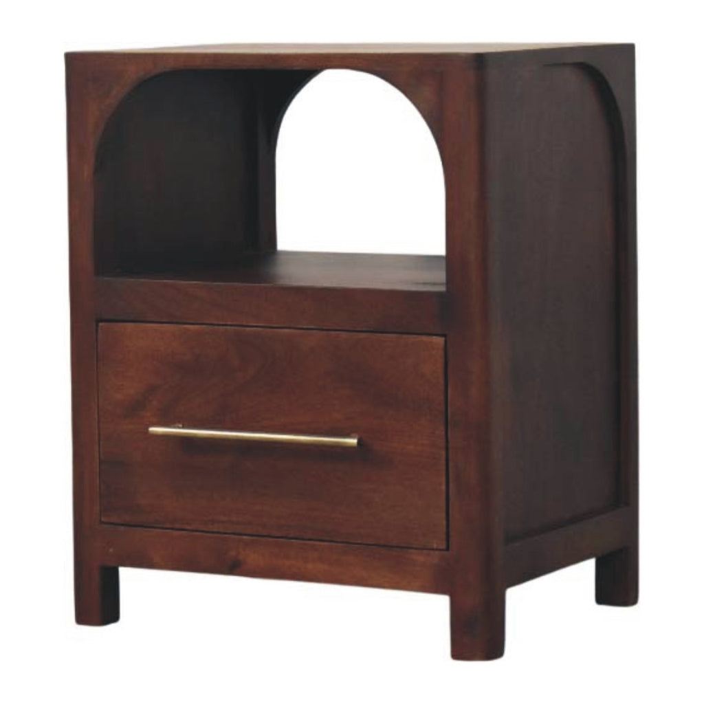 Arched Edge bedside table with arched open shelf and one drawer with brass handle, three-quarter view