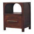 Arched Edge bedside table with arched open shelf and one drawer with brass handle, three-quarter view