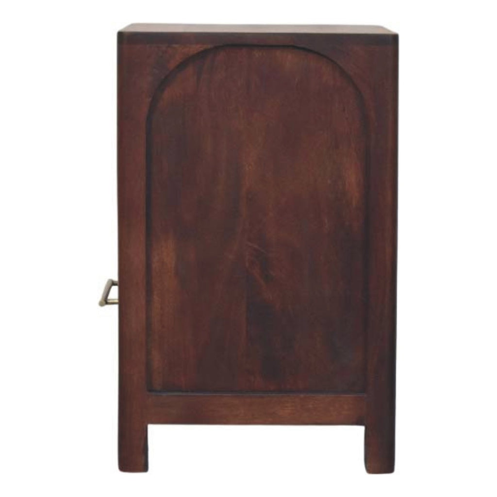 Side view of the Arched Edge bedside table showing the arched side panel and short legs
