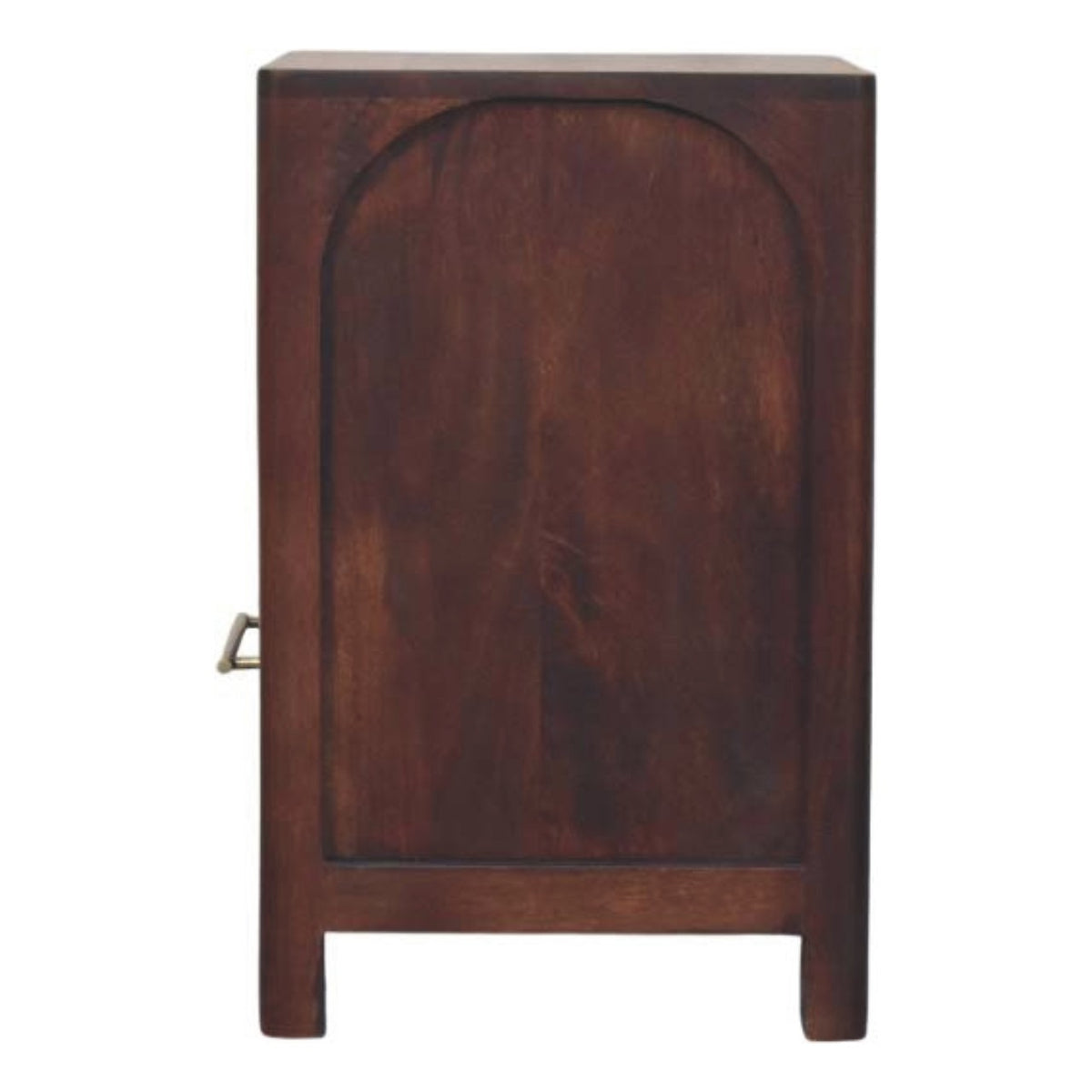 Side view of the Arched Edge bedside table showing the arched side panel and short legs
