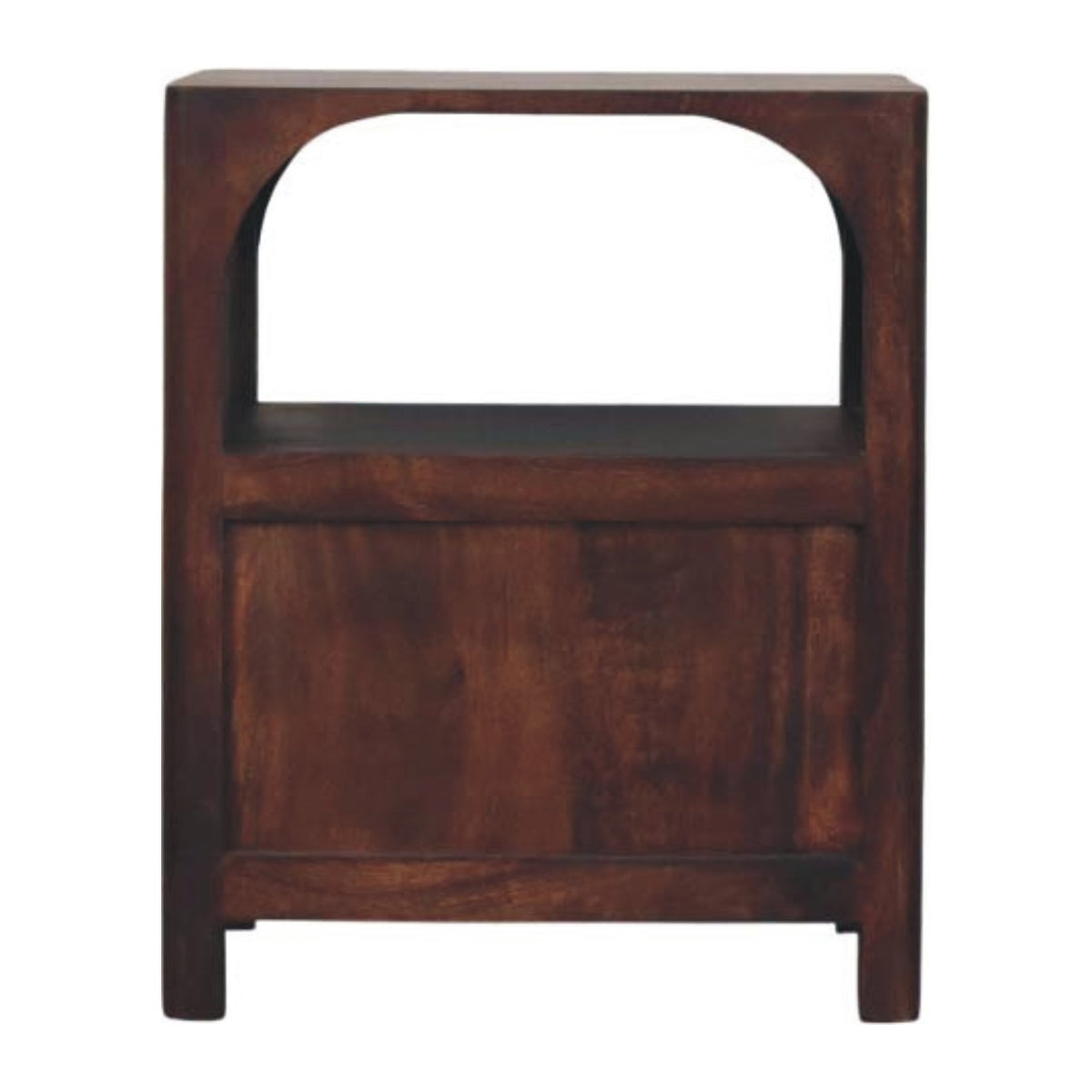 Back view of the Arched Edge bedside table with the open arched shelf
