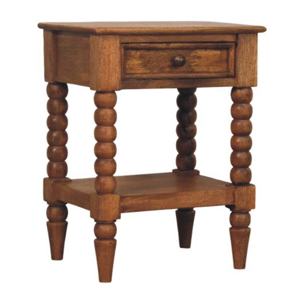 Spindle bedside table in Amber Oak finish with one drawer and lower shelf, front view, 45 x 35 x 60 cm