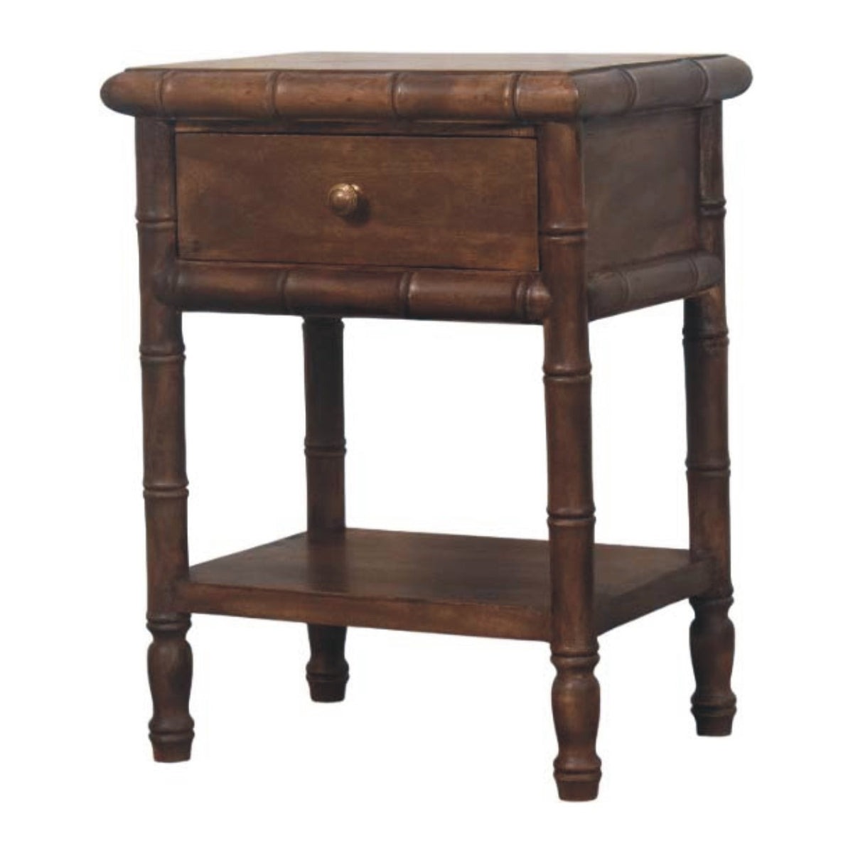 Dark brown bedside table with bamboo-style rolled top edge, one drawer and a lower shelf, front view