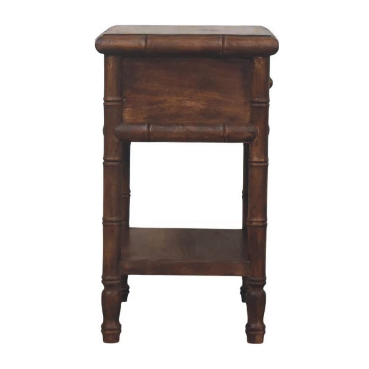 Side view of the dark brown bedside table with ring-turned legs and the lower shelf