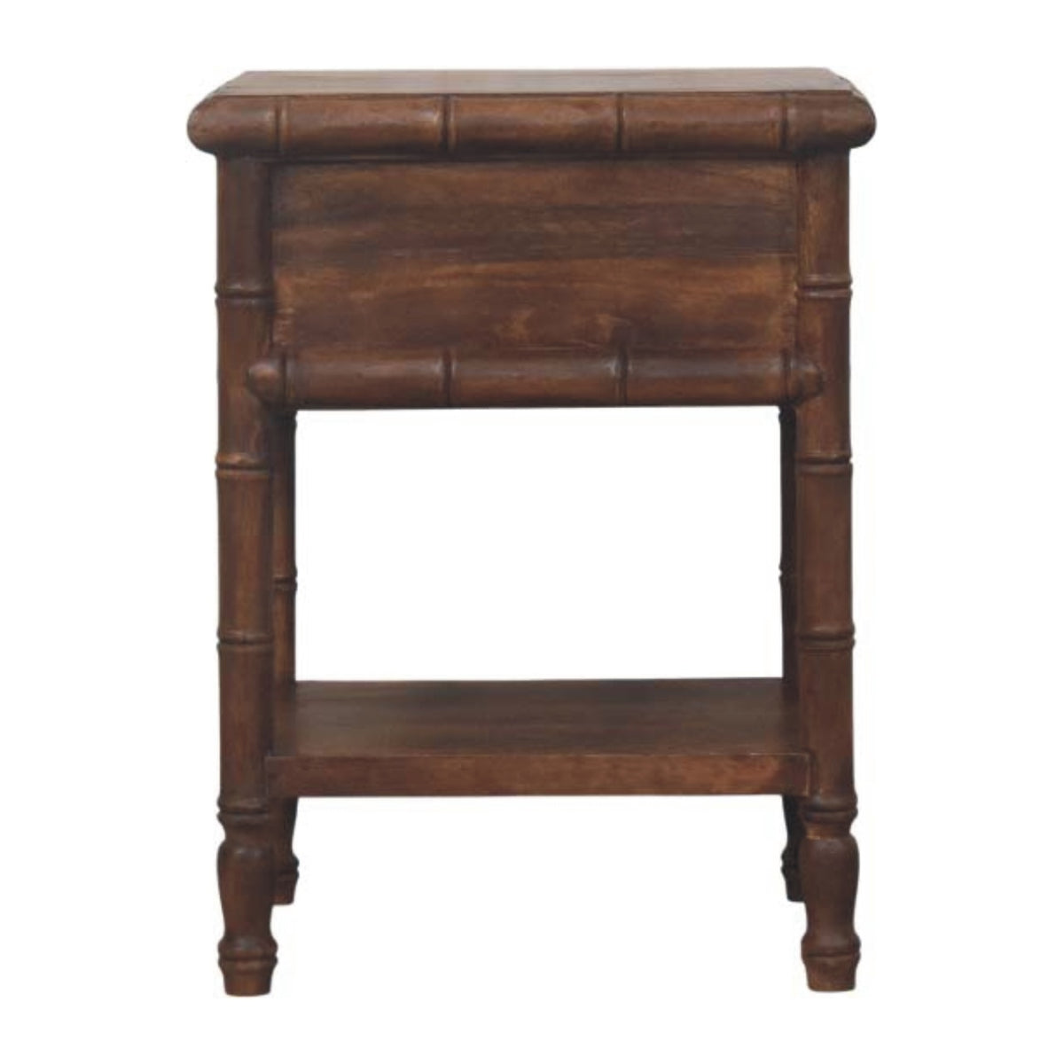 Back view of the dark brown bedside table with plain back panel above the open lower shelf