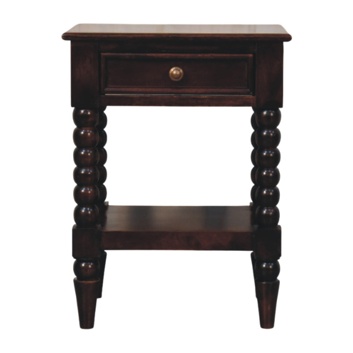 Dark wine-brown bedside table with one drawer, brass knob, open lower shelf and turned spindle legs, front view