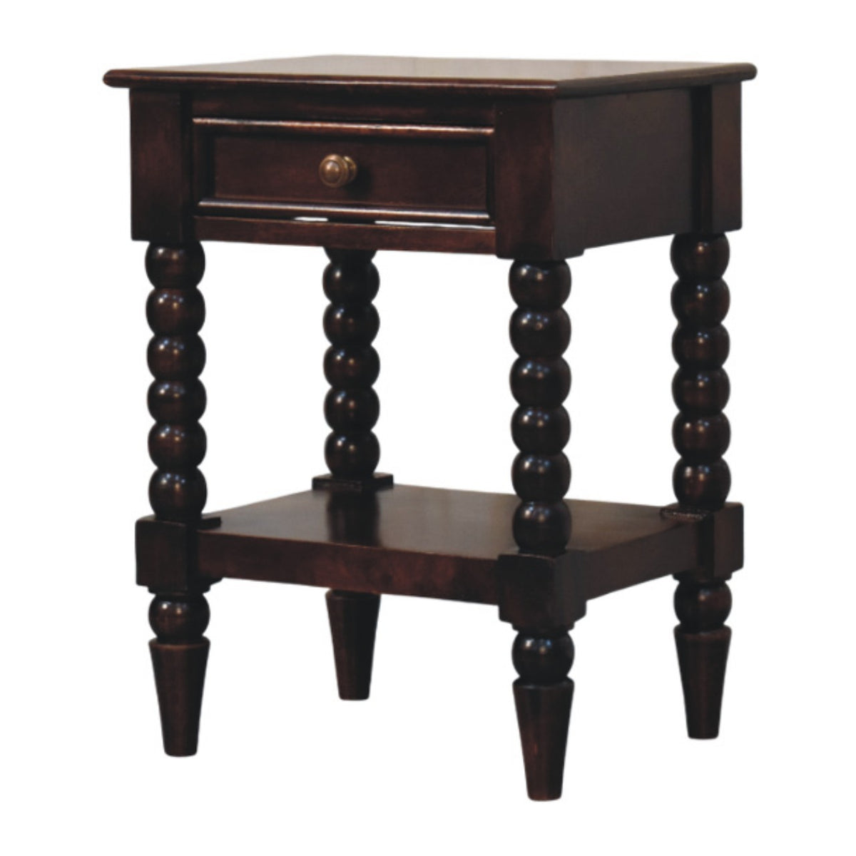 Dark wine-brown bedside table with one drawer and open lower shelf, three-quarter view showing the four turned legs