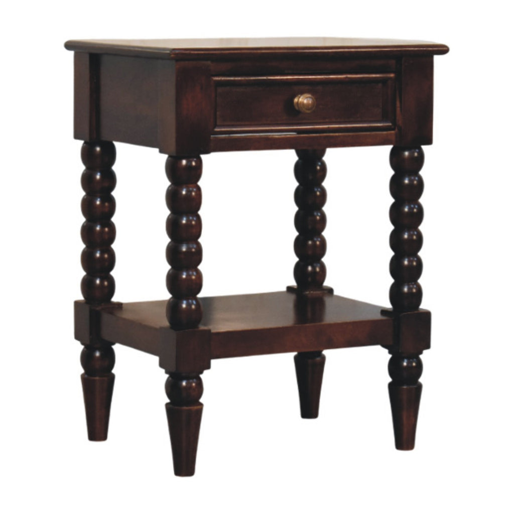 Dark wine-brown bedside table with one drawer and open lower shelf, three-quarter view from the other side