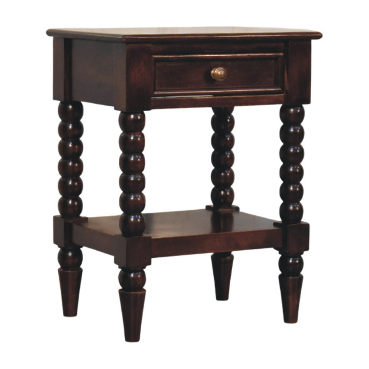 Dark wine-brown bedside table with one drawer and open lower shelf, three-quarter view from the other side