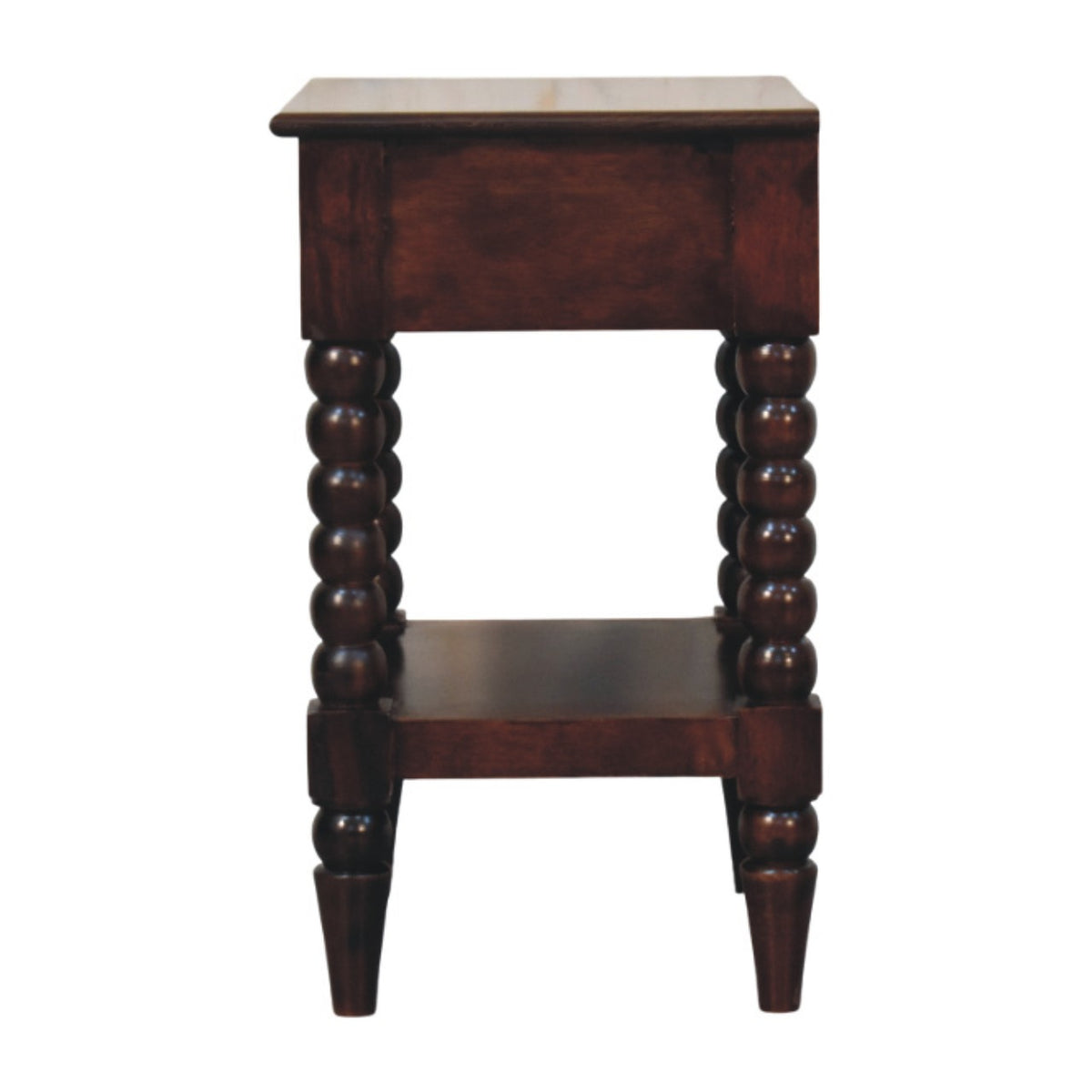 Side view of the dark wine-brown bedside table with turned spindle legs and open lower shelf