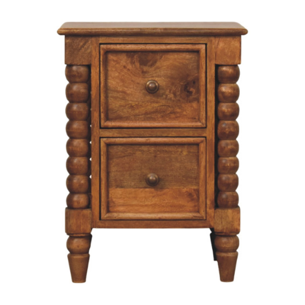 Amber-brown bedside table with two panelled drawers and turned bobbin columns on short turned legs, front view
