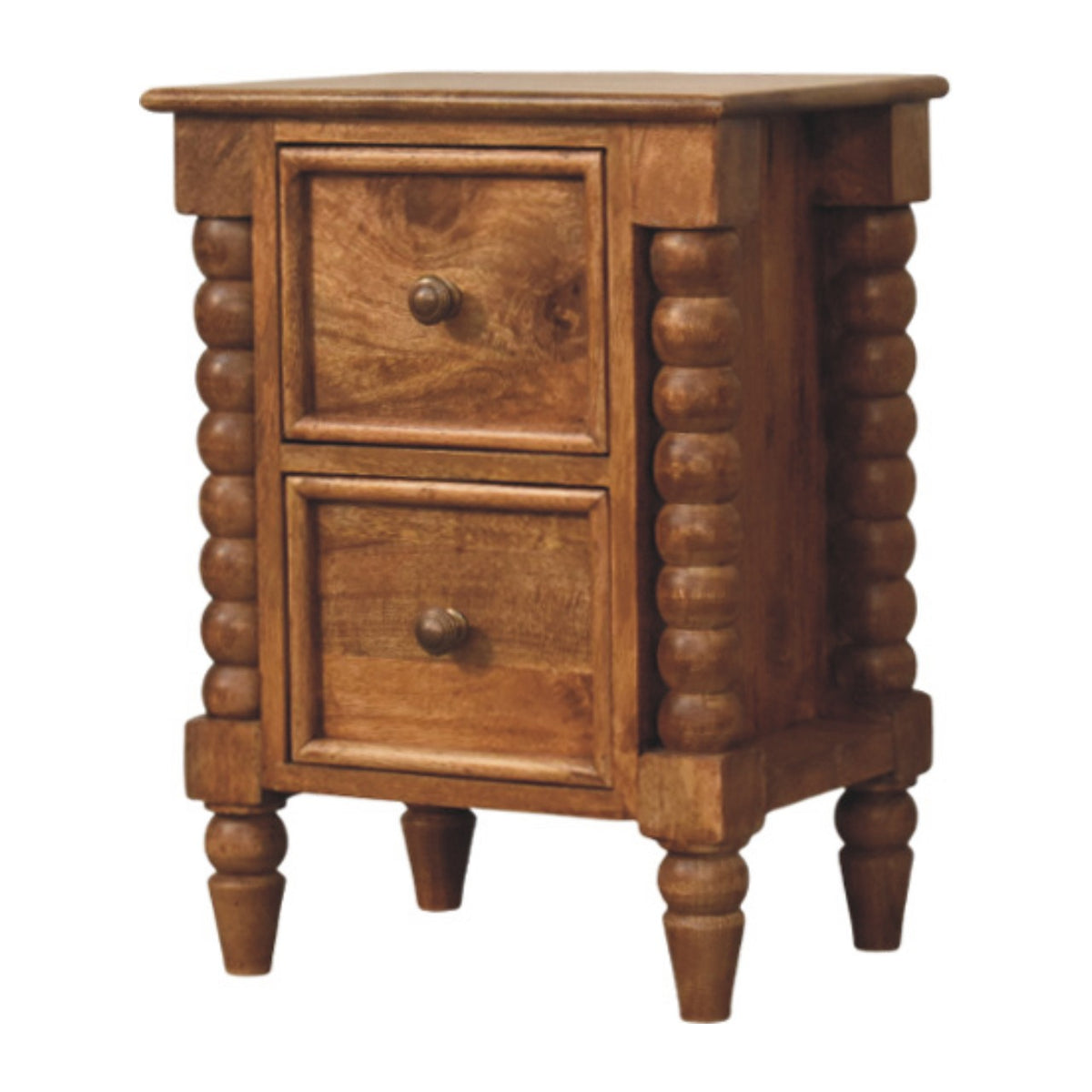 Amber-brown bedside table with two drawers, three-quarter view showing the bobbin columns and turned feet