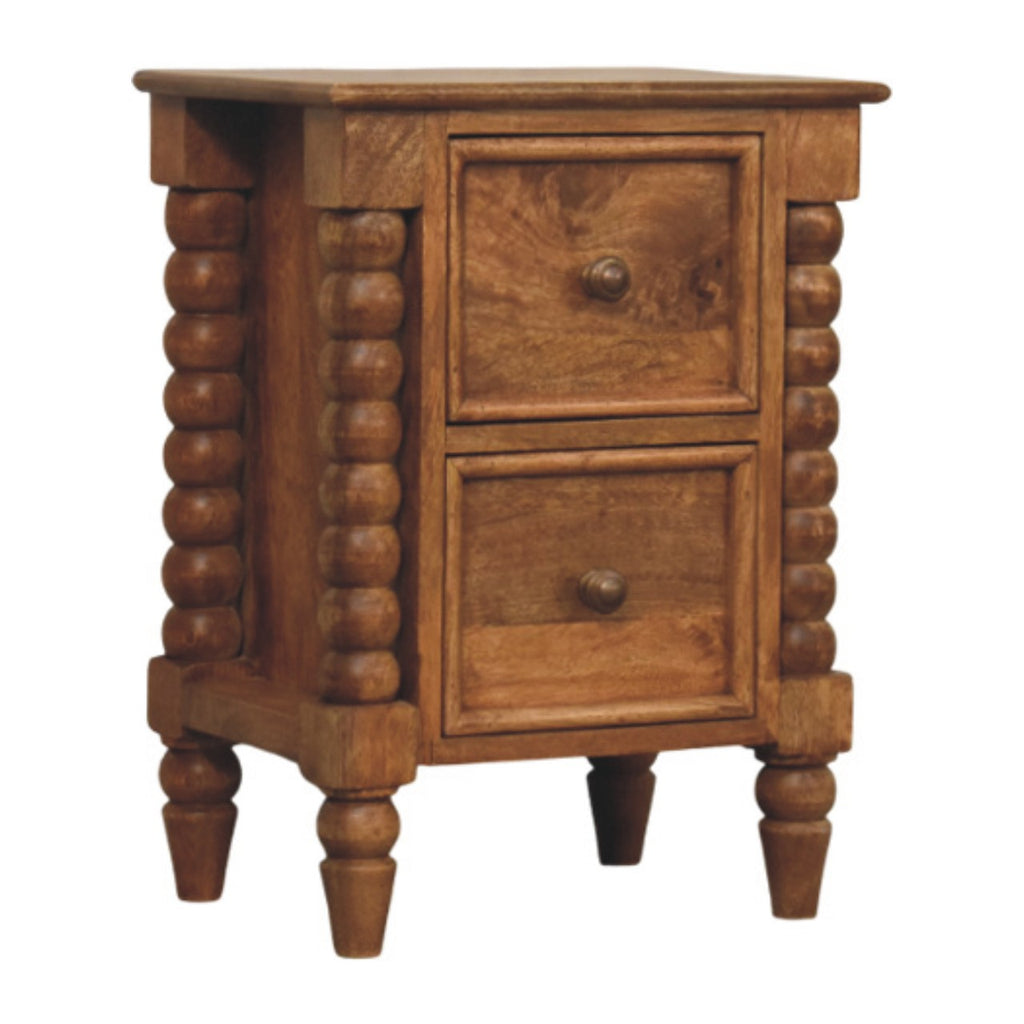 Amber-brown bedside table with two drawers, three-quarter view from the other side