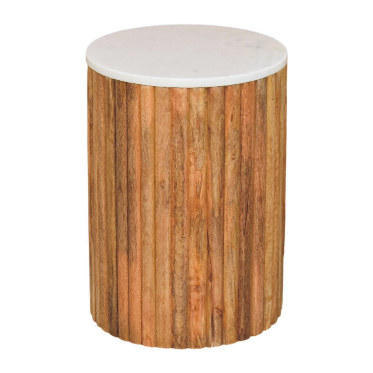 Fluted Marble side table, three-quarter view with round white marble top and fluted mango wood body