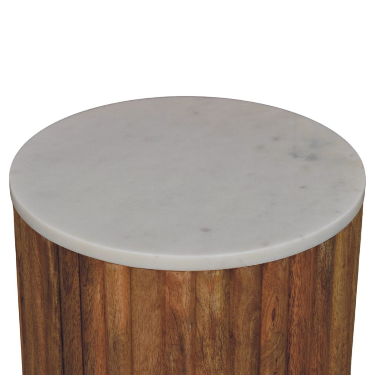 Marble top and upper fluted body of the side table, raised view