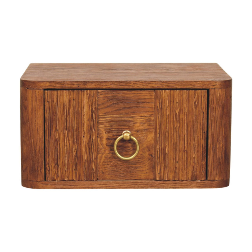 Wey 35 cm oak floating bedside table with drawer and brass ring pull, front view