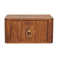 Wey 35 cm oak floating bedside table with drawer and brass ring pull, front view