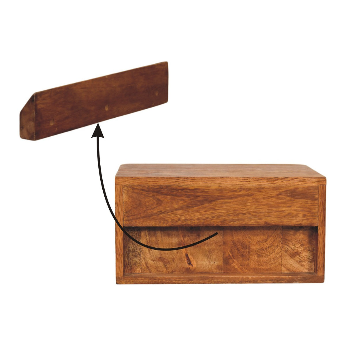 Wall rail of the Wey 35 cm oak floating bedside table and how the table hangs on it