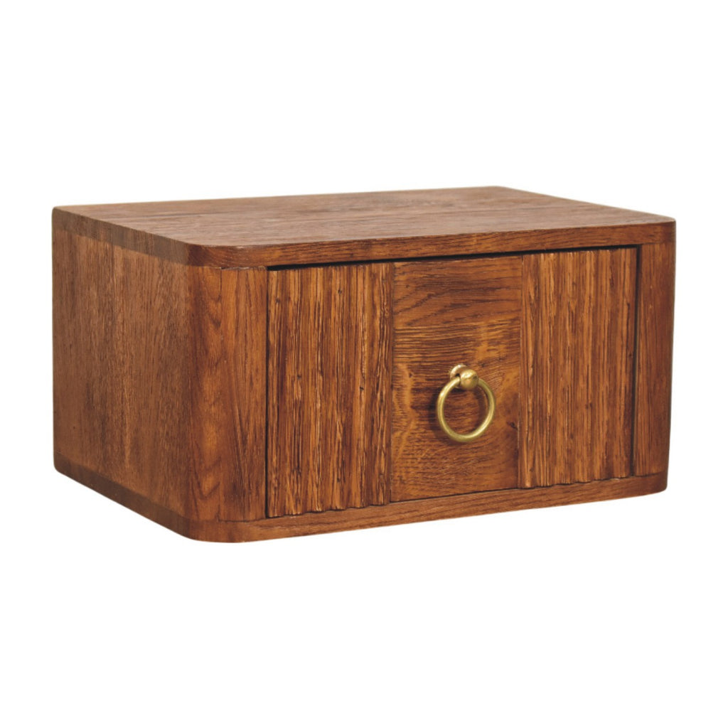 Wey 35 cm oak floating bedside table, three-quarter view showing the rounded corners