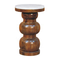 Marble Top Bulla side table, front view with white marble top and stacked round wooden base