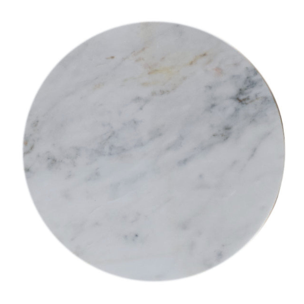 Round white marble top of the Bulla side table seen from above