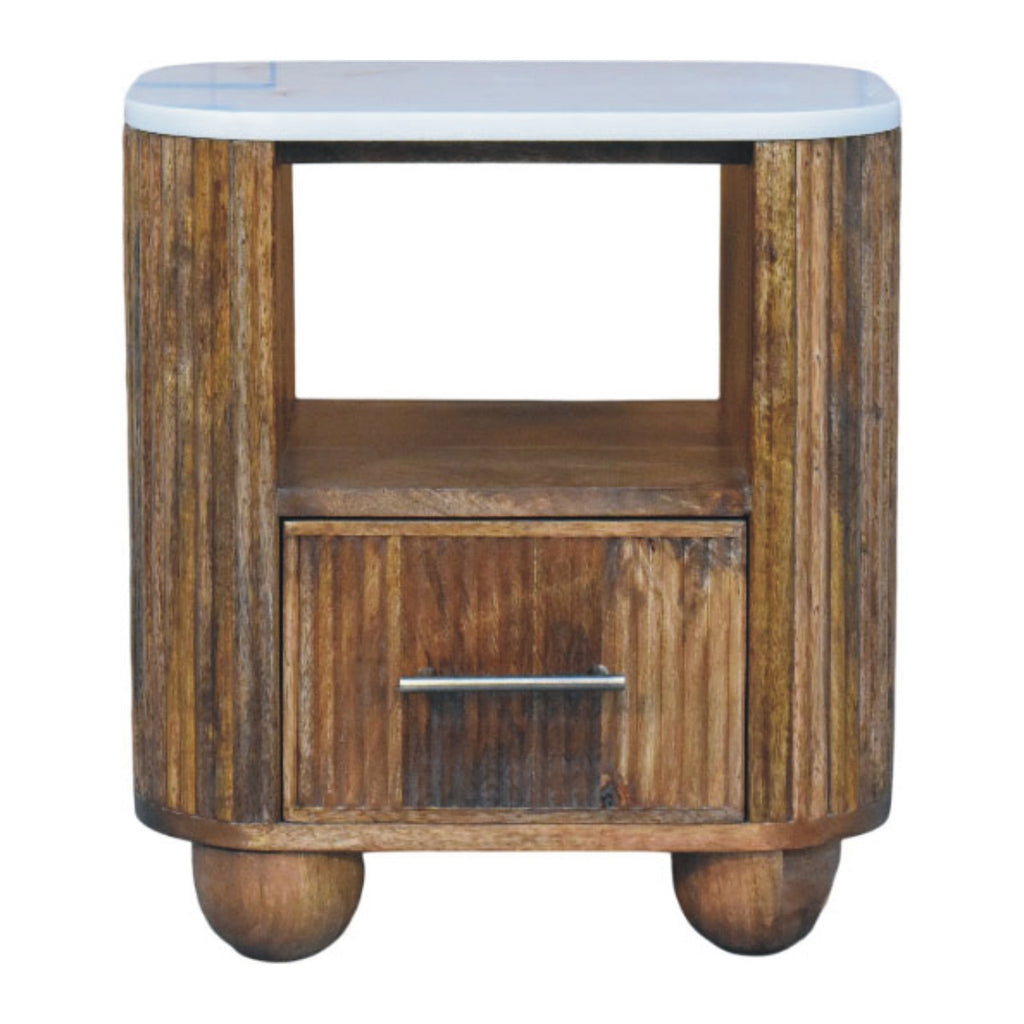 Marble top bedside table front view with marble top, open shelf, drawer and ball feet