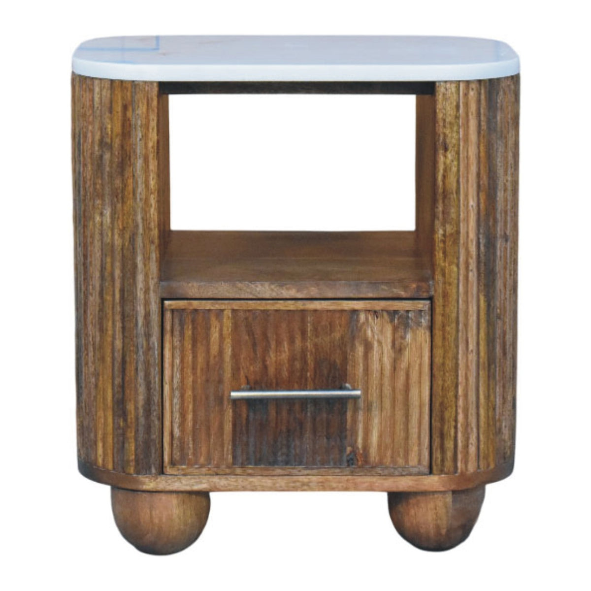 Marble top bedside table front view with marble top, open shelf, drawer and ball feet