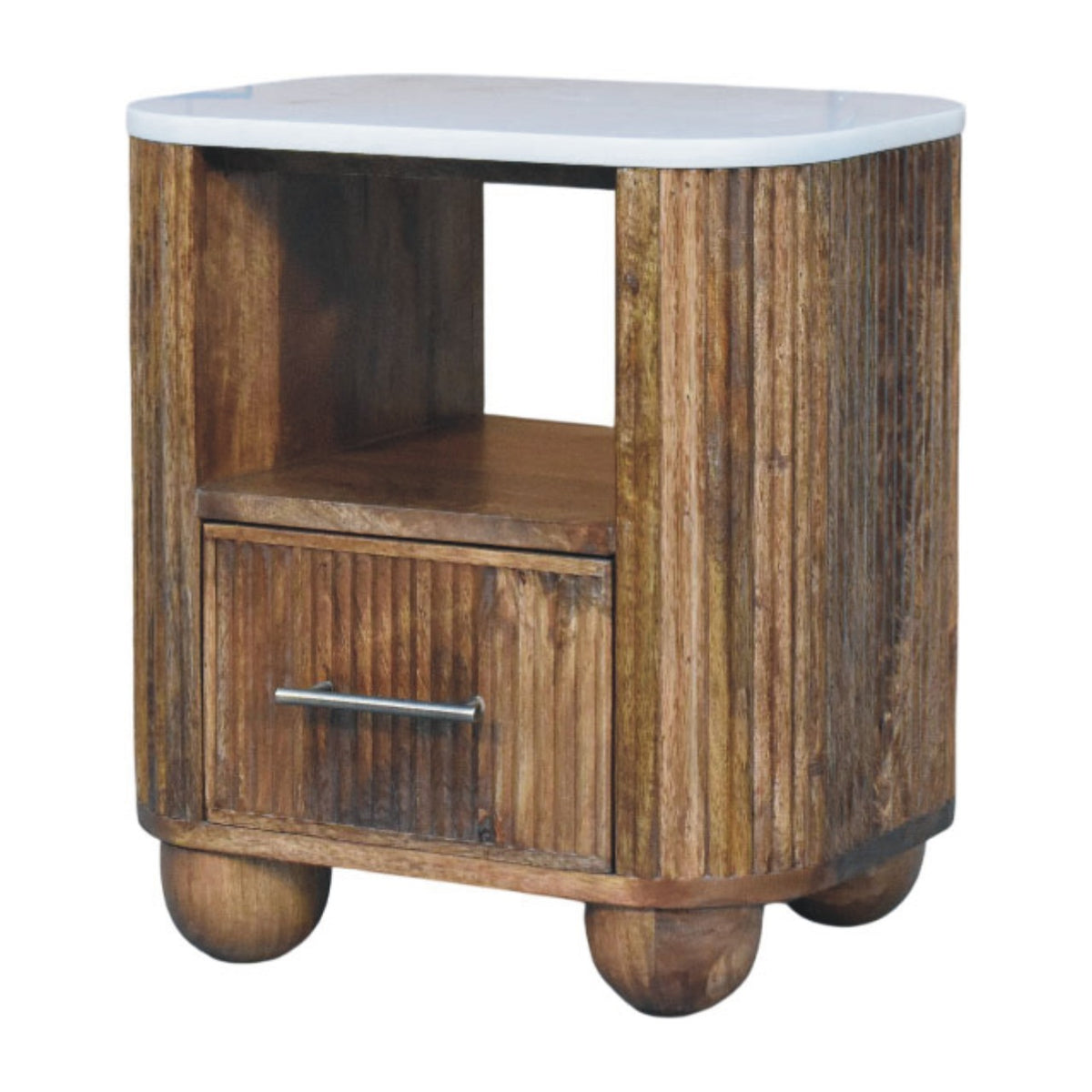 Marble top bedside table with white marble top, open shelf and one drawer, three-quarter view