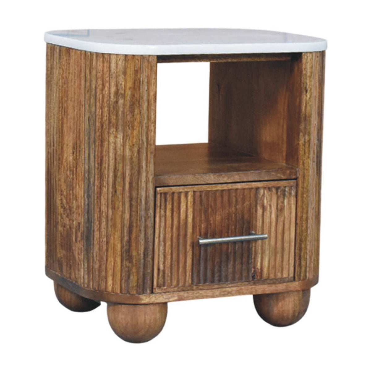 Marble top bedside table, three-quarter view from the other side showing fluted sides