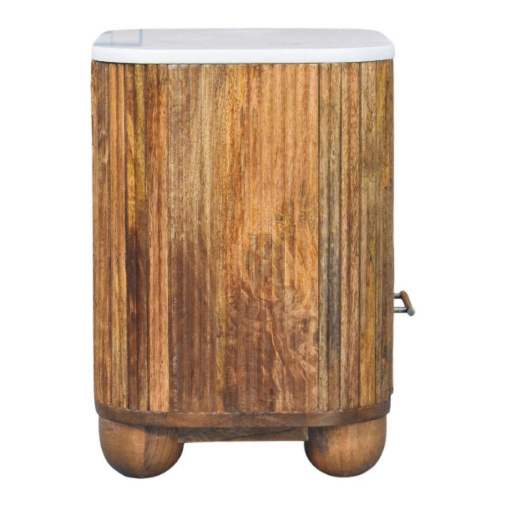 Side view of the Marble top bedside table with fluted wood body and ball feet