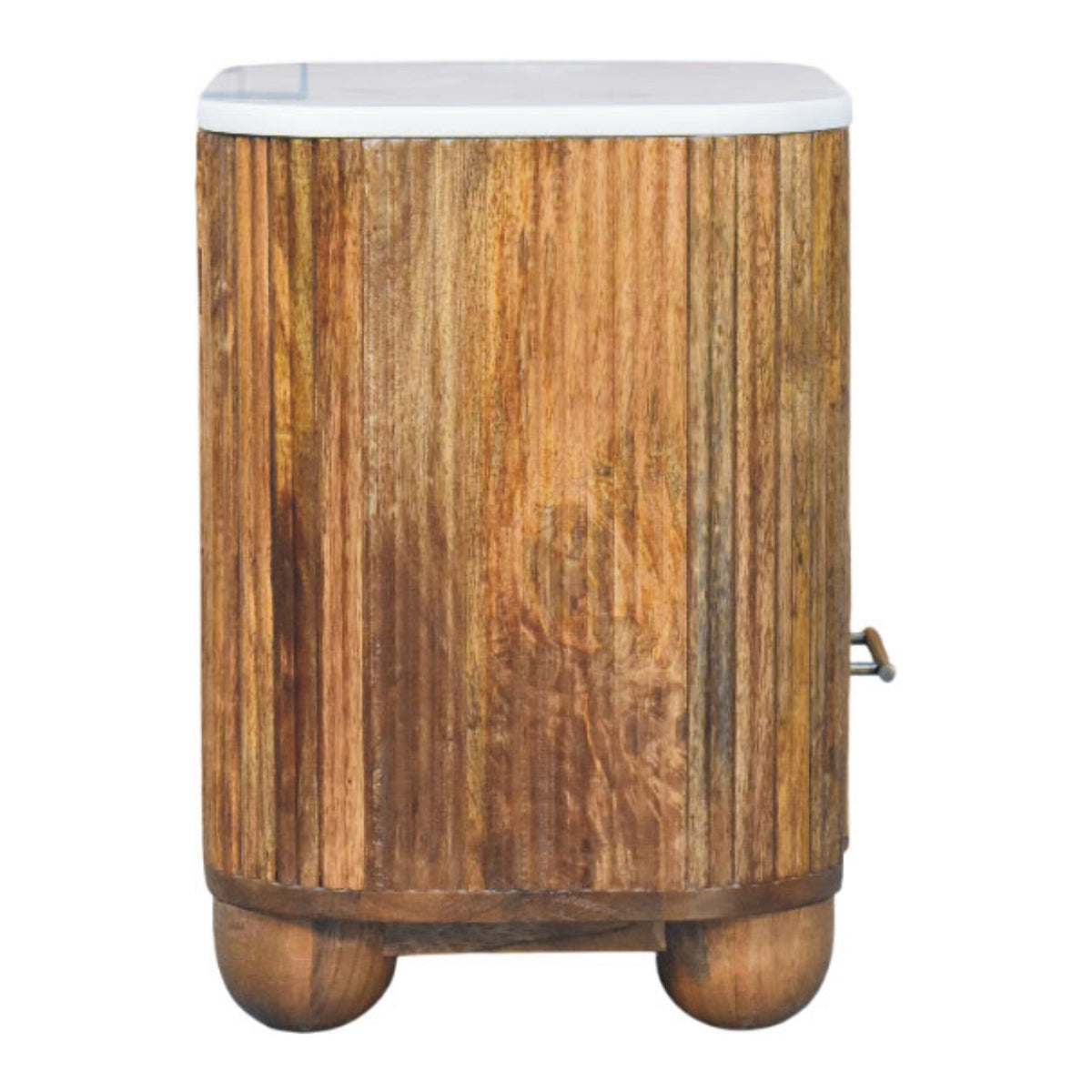 Side view of the Marble top bedside table with fluted wood body and ball feet