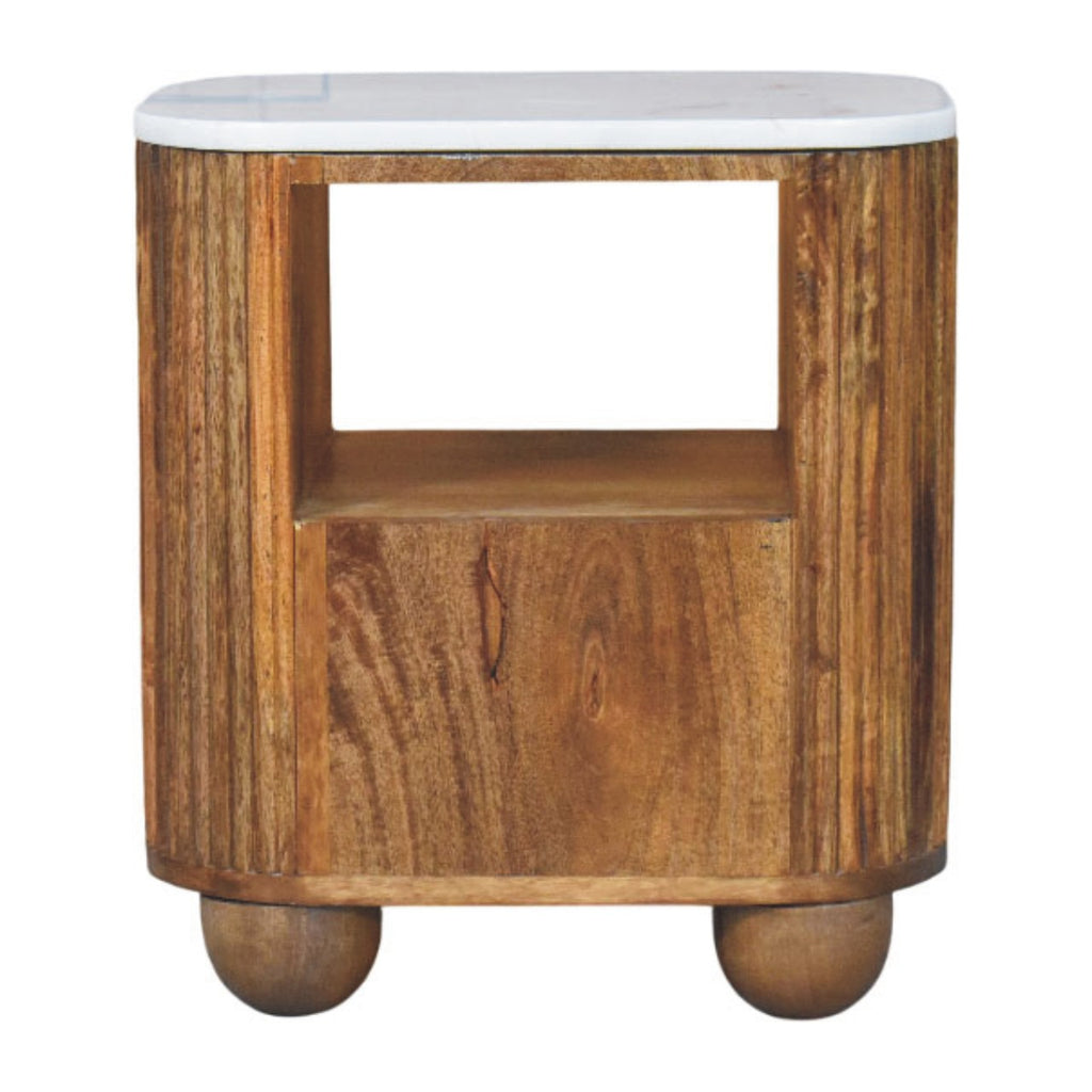 Back view of the Marble top bedside table with the open shelf and plain lower back panel