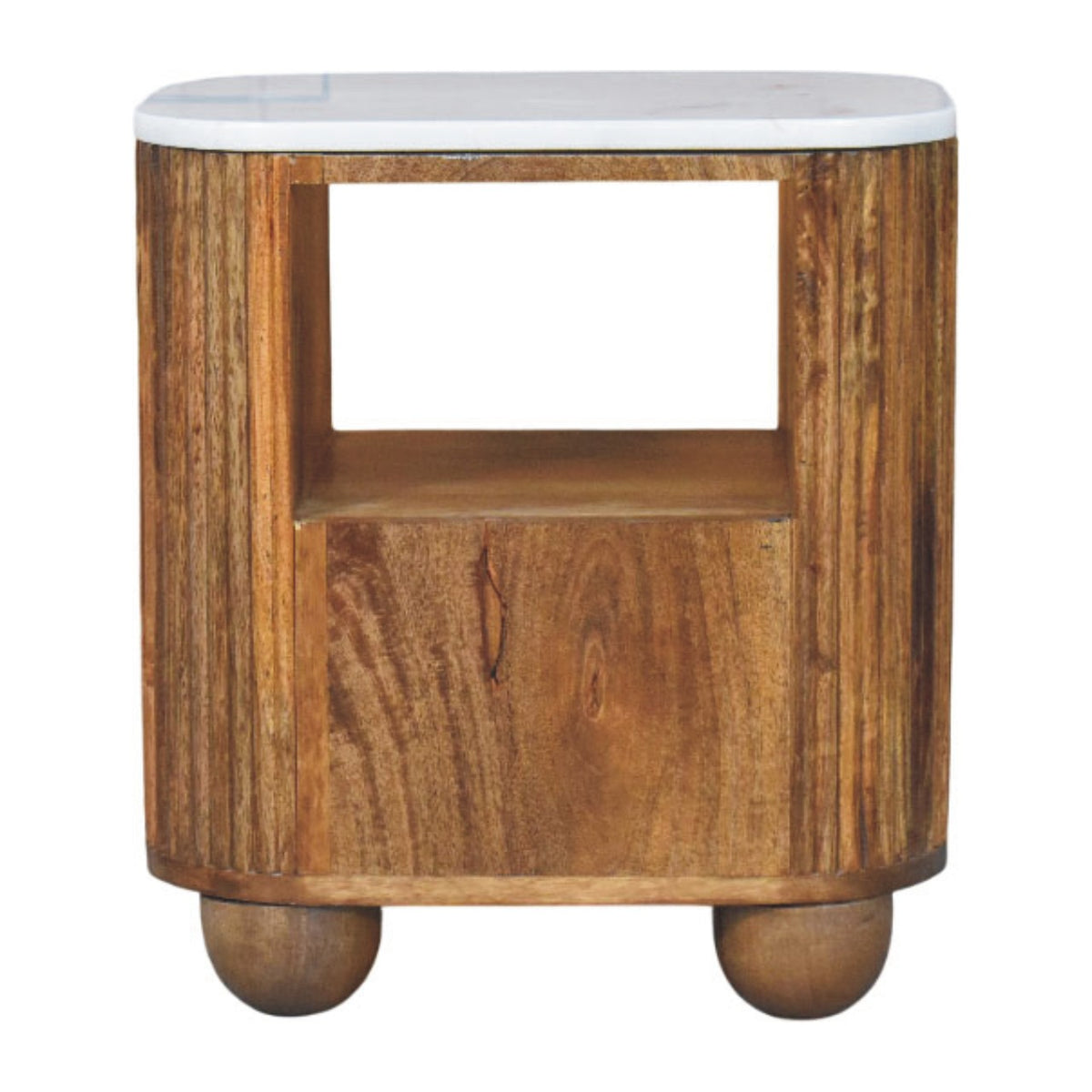 Back view of the Marble top bedside table with the open shelf and plain lower back panel