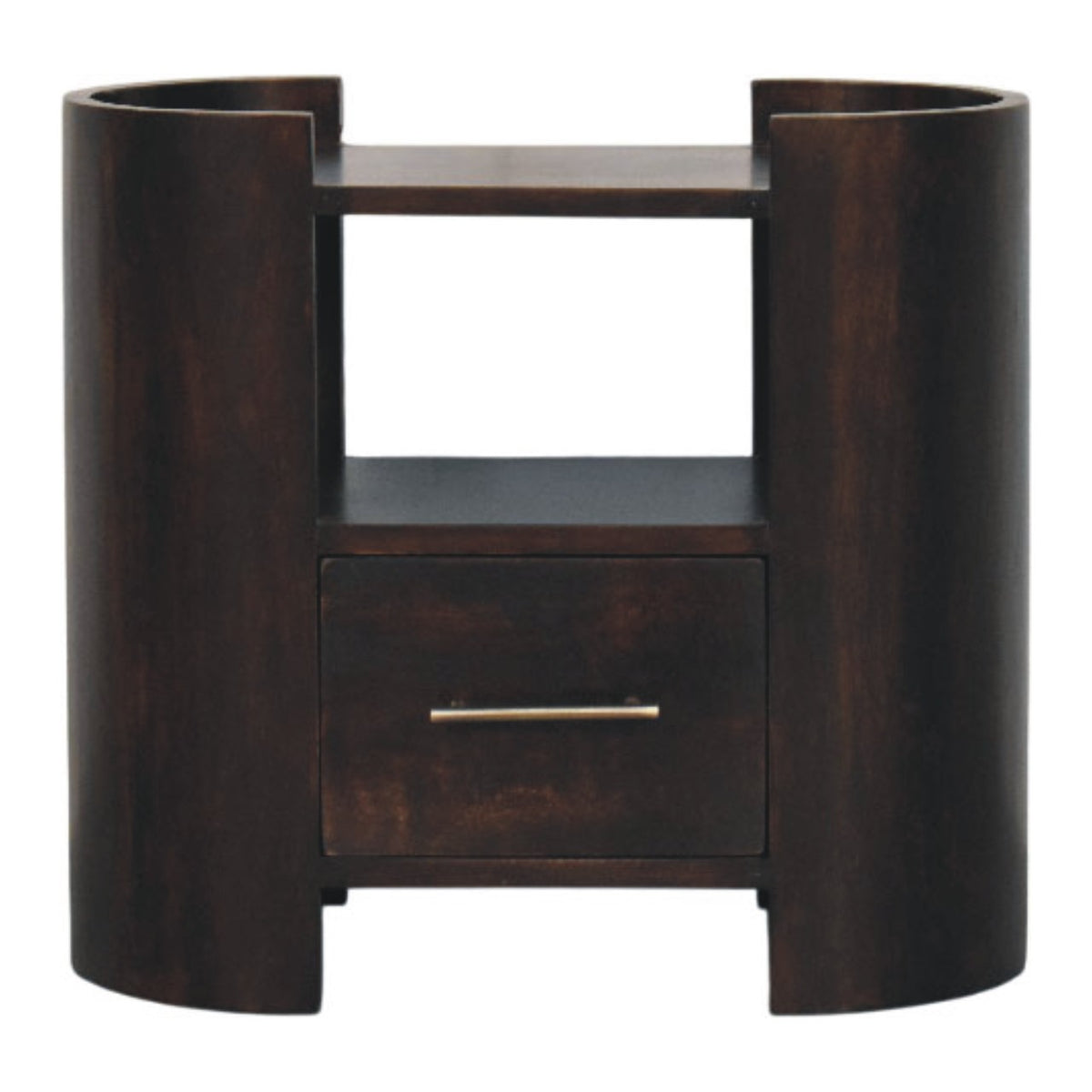 Wide dark bedside table in dark mango wood, front view with curved side columns, open shelf and one drawer