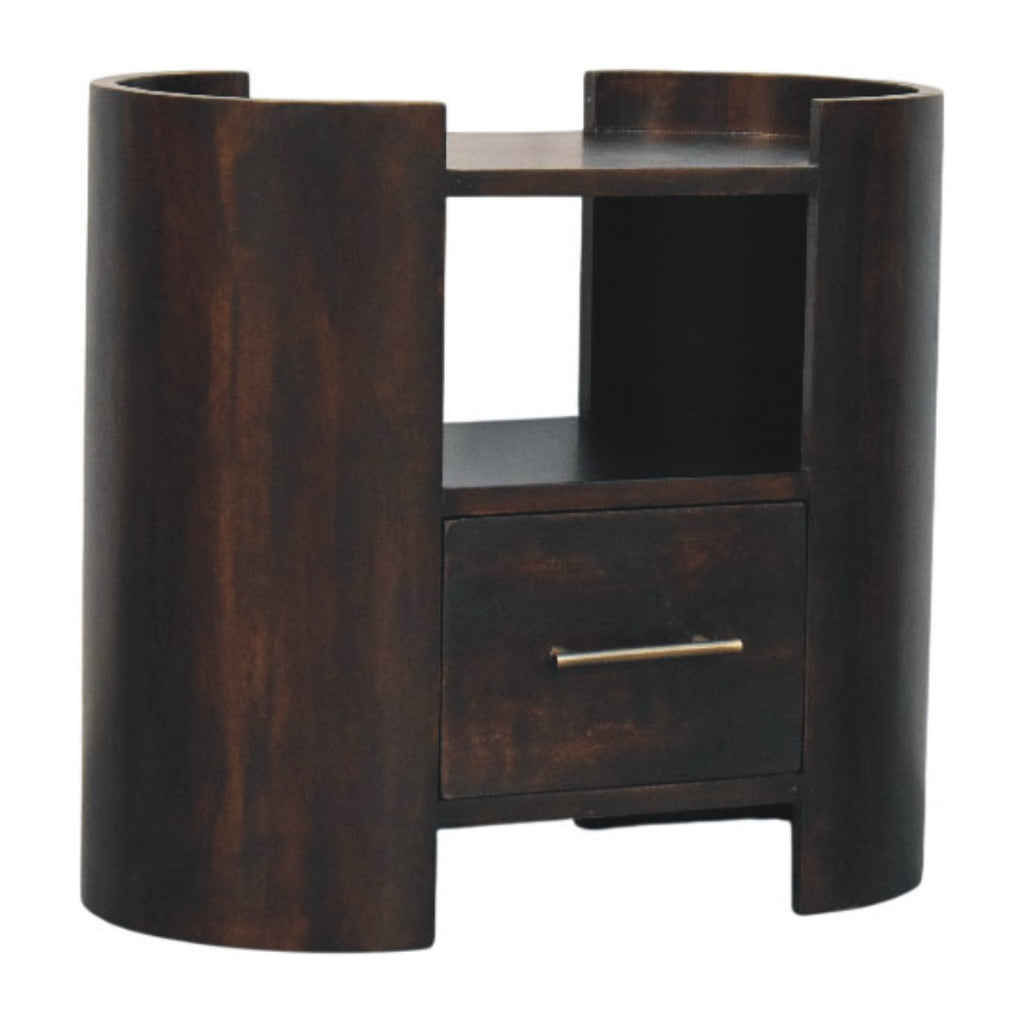 Wide dark bedside table, three-quarter view showing the curved side column