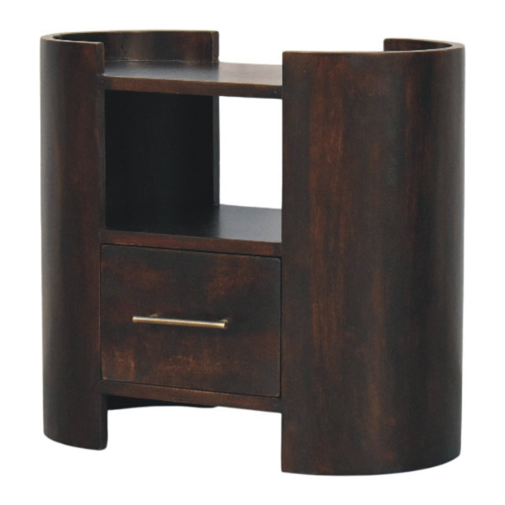 Wide dark bedside table, three-quarter view from the other side
