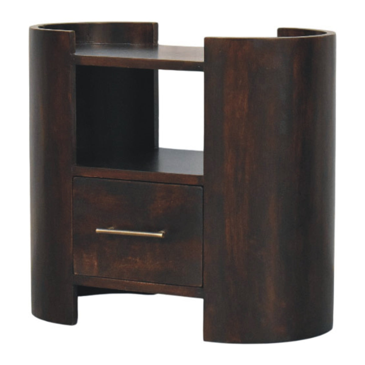Wide dark bedside table, three-quarter view from the other side