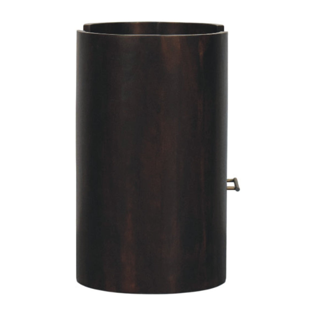 Side view of the Wide dark bedside table showing the rounded column