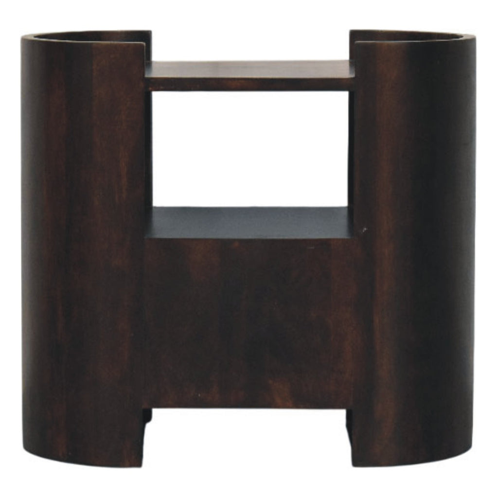 Back view of the Wide dark bedside table with open shelf and lower back panel