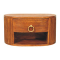 Oval wall-mounted nightstand in Tiger Oak with fluted sides, front view, 40 x 25 x 20 cm