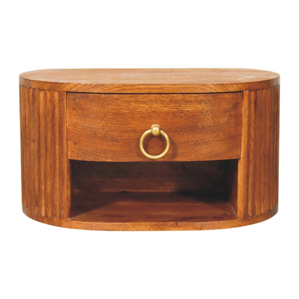 Oval wall-mounted nightstand in Tiger Oak with fluted sides, front view, 40 x 25 x 20 cm