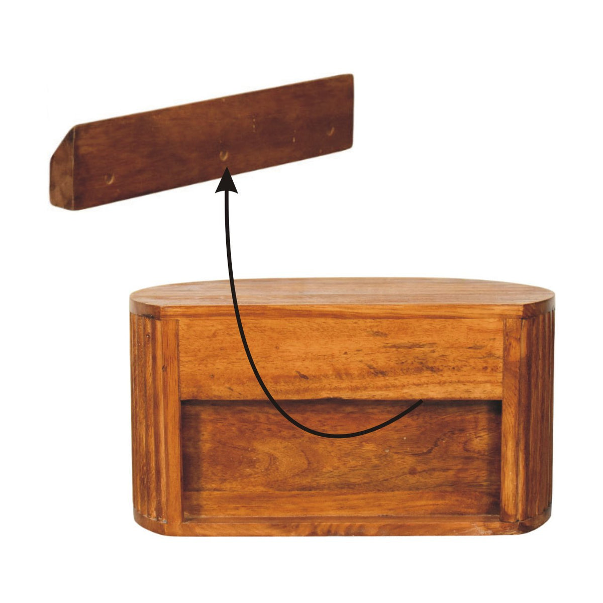 Back of the oval nightstand with the wall hanging rail lifted off