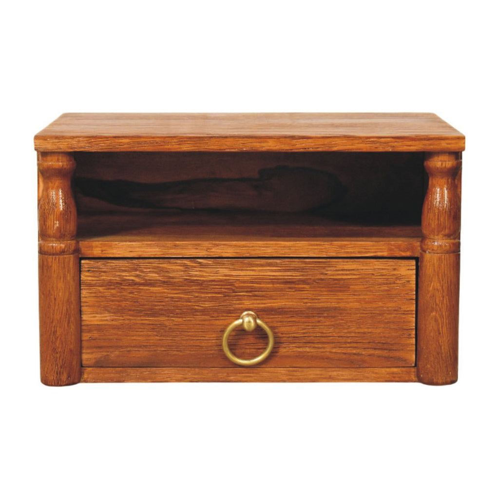 Turned Pillar wall-mounted nightstand in Tiger Oak, front view, 35 x 25 x 20 cm