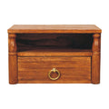 Turned Pillar wall-mounted nightstand in Tiger Oak, front view, 35 x 25 x 20 cm