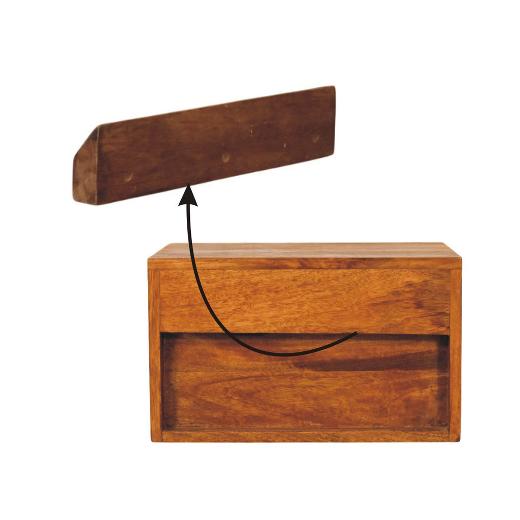 Back of the nightstand with the wall hanging rail lifted off