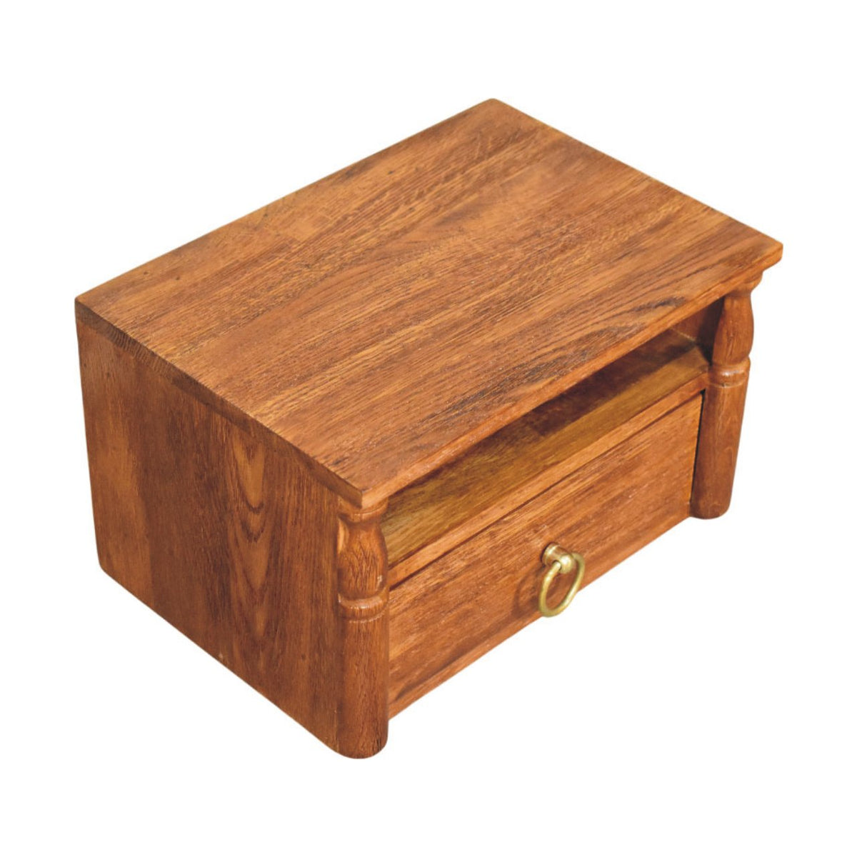 Turned Pillar wall nightstand seen from above showing the oak top and brass ring pull