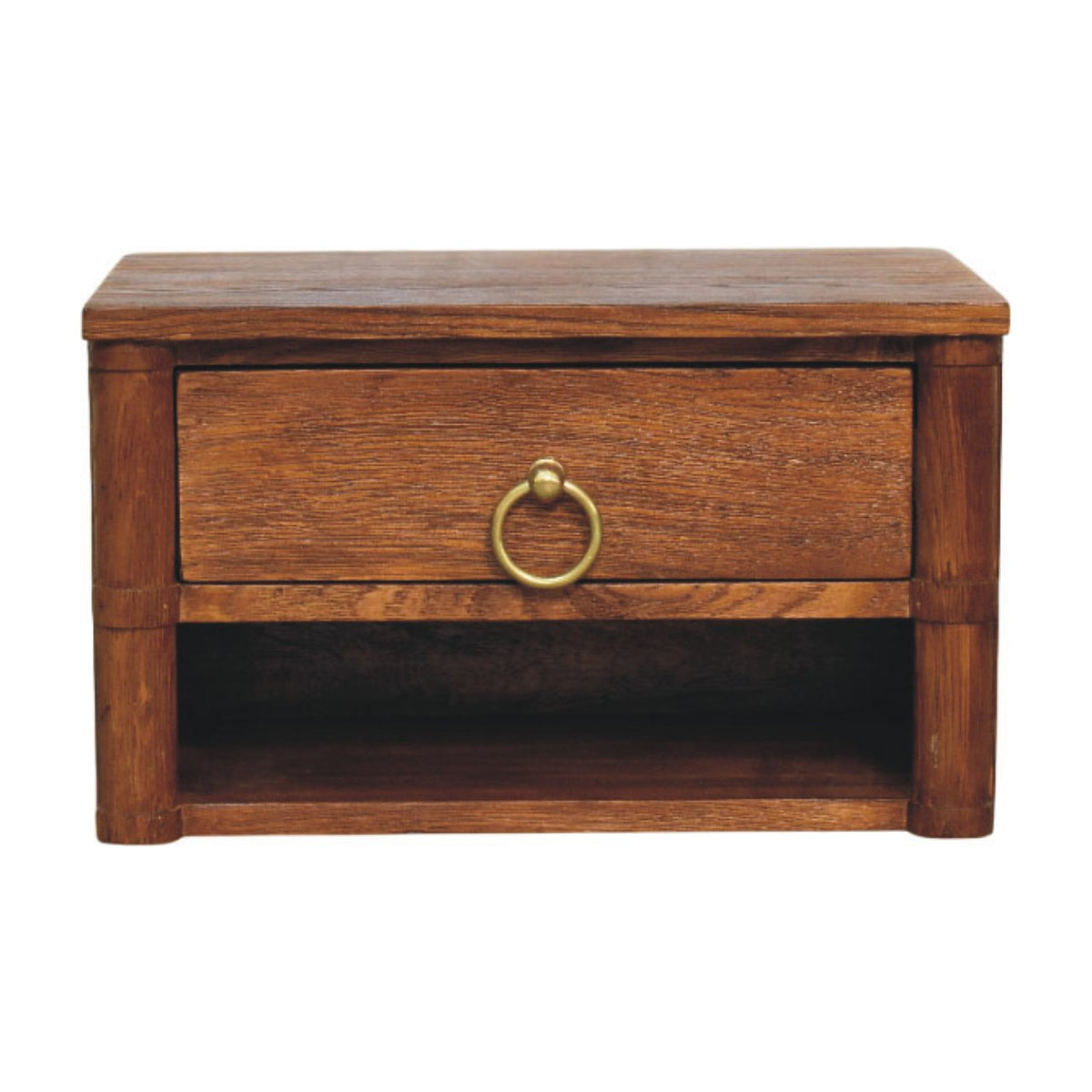 Box Frame wall-mounted nightstand in Tiger Oak, front view, 35 x 25 x 20 cm