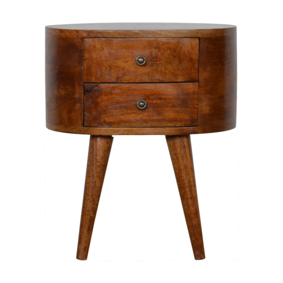 Oval chestnut bedside table with two stacked drawers and round knobs on four tapered legs, front view