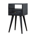 Small black ash-finish bedside table with an open cubby above one drawer, on four tapered black legs, front view